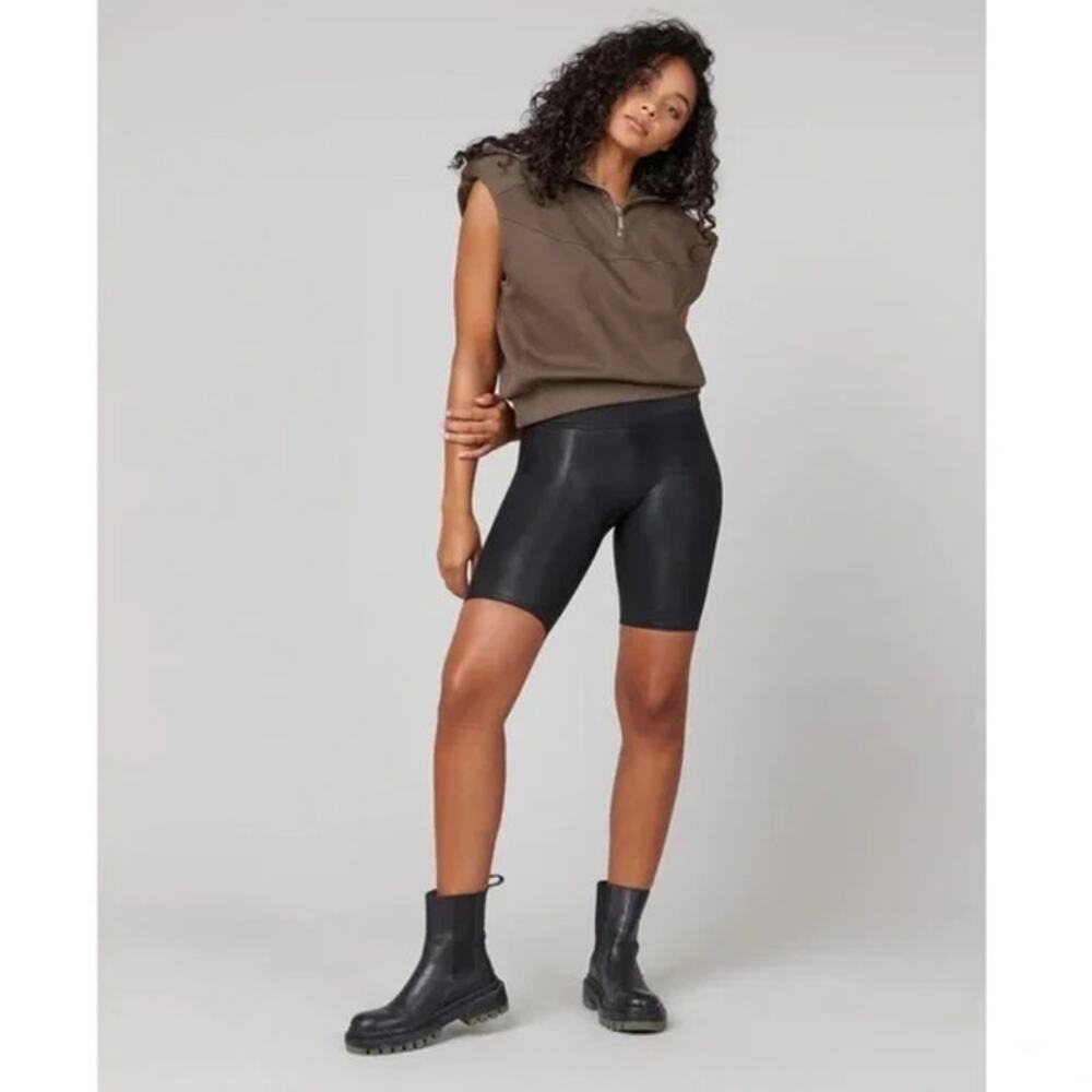 SPANX Faux Leather Bike Shorts Black High Rise Compression Size Small